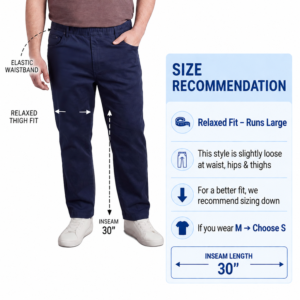 Men's Pull-On Denim & Twill Pants – Elastic Waist, Relaxed Fit